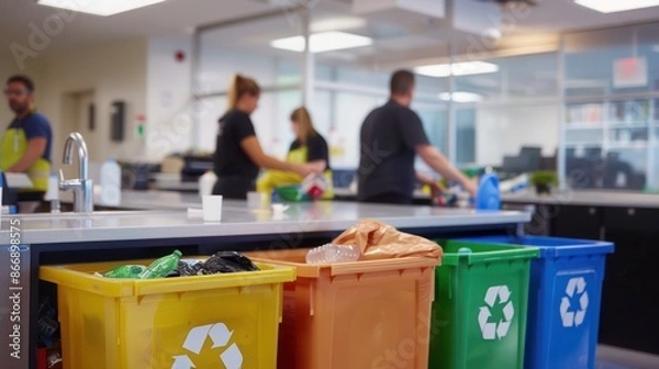 Fototapeta companya??s recycling program with employees sorting waste into color-coded bins in an office kitchen