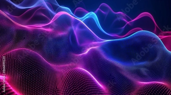 Fototapeta Abstract background with flowing digital waves of glowing particles.  Concept of technology, data, music, or energy.
