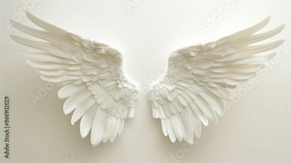 Obraz Pair of white angel wings on a white background, ethereal concept