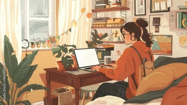 Fototapeta woman working on a laptop at a small desk in her bedroom, surrounded by cozy decor