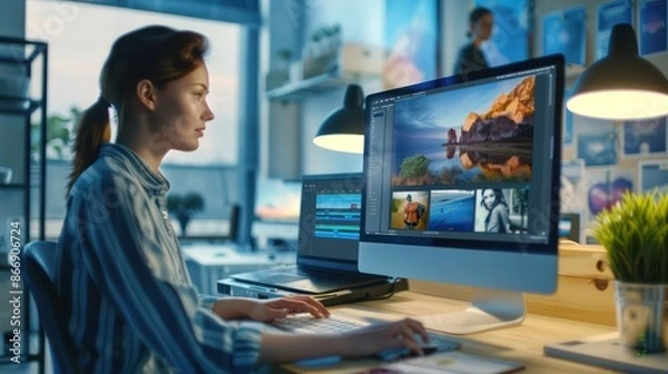Obraz young professional using a desktop computer to edit photos in a bright, creative studio