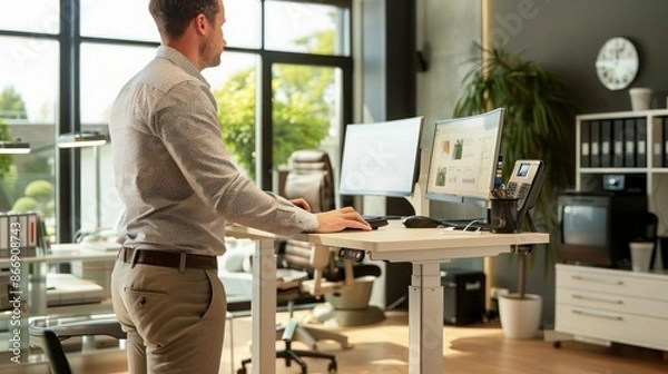 Fototapeta business professional using a height-adjustable desk to switch between sitting and standing while working
