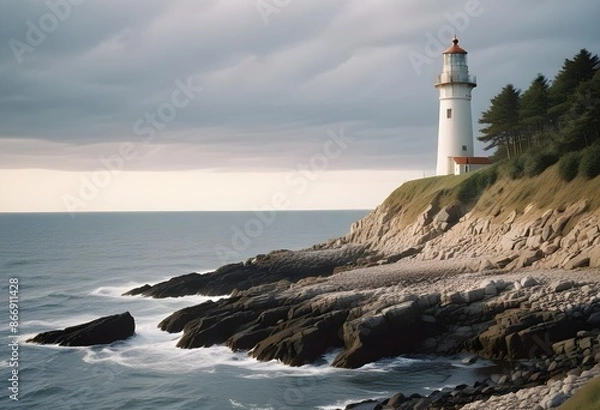 Fototapeta White lighthouse on a spoiled cliff with pale grass, dark rocks, pale grey northen sea, cloudy sky, winter time