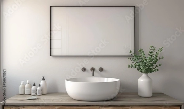 Fototapeta Modern bathroom with an empty frame above the vanity