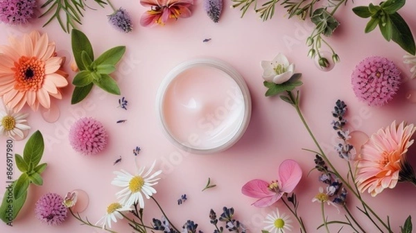 Fototapeta Skincare that is environmentally friendly. Cosmetics and organic herbs and flowers on pink background, top view, flat lay. Concept of bio research and healthy lifestyles. Generative AI.