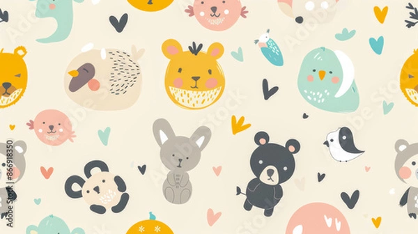 Fototapeta A minimalist pattern with animals for children in subtle colors
