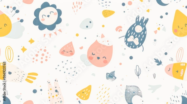 Fototapeta Minimalist vector pattern with abstract kids cute elements in subtle colors 