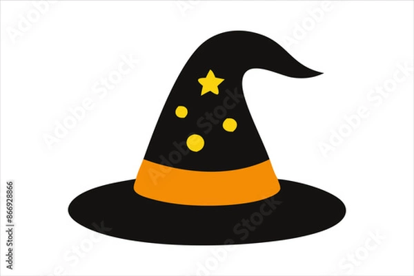 Fototapeta Black witch hat isolated on a white background. Wizard pointed hat. Concept of Halloween, festive icon, minimalist style, magic accessory. Print, icon, design element.
