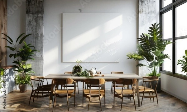 Obraz Bright dining room with a blank canvas on the wall