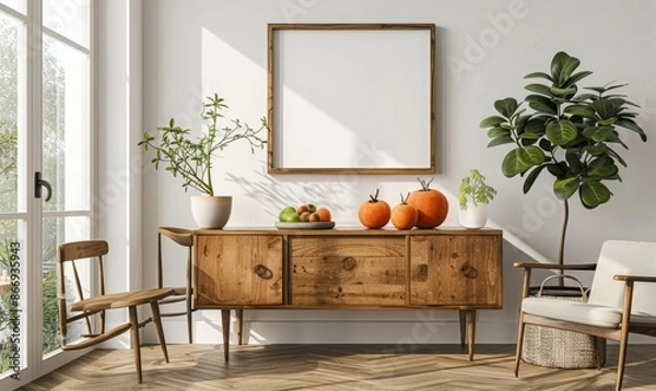 Fototapeta Bright dining room with a mockup frame on the buffet