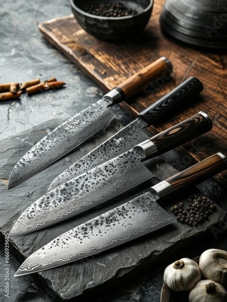 Obraz Artisan Crafted Full Tang Chef Knife Showcased Among Japanese Knives - High Resolution Photo Realistic Image in Photography Style