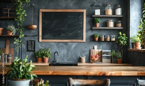 Obraz Minimalist kitchen with a blank chalkboard on the wall