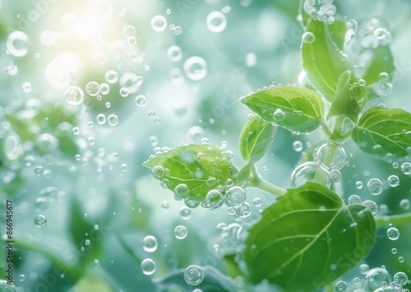 Fototapeta green plant with water droplets on its leaves, set against a blurred background. generative ai