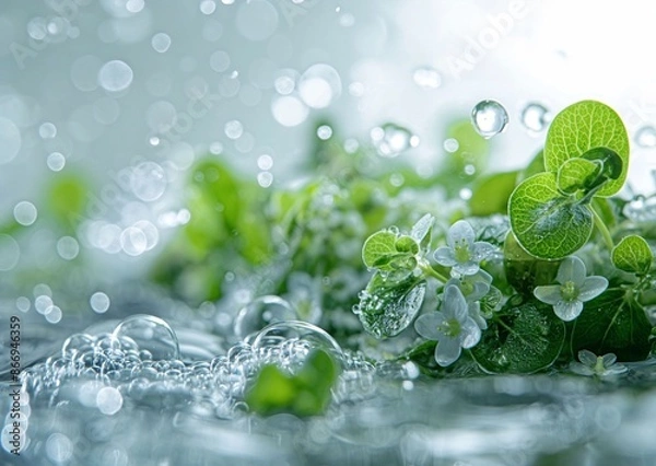 Fototapeta close up of a plant with water droplets on it, surrounded by lush green leaves and small white flowers. The background is slightly blurred,  generative ai