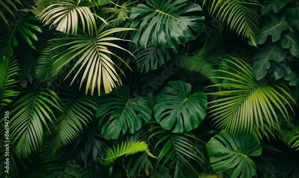 Fototapeta A vibrant tropical jungle filled with dense palm trees and lush green ferns.
