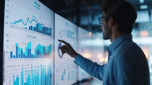 Obraz Late-night financial analyst presenting data on a digital whiteboard with graphs