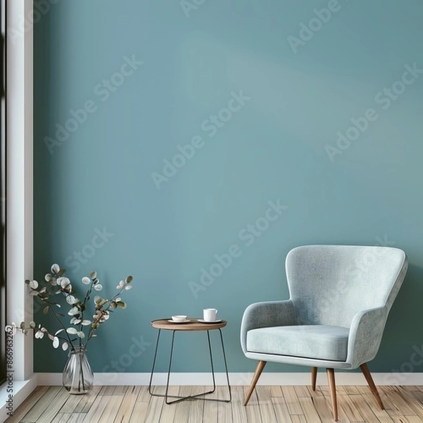 Fototapeta design scene with a chair front of the blue empty wall