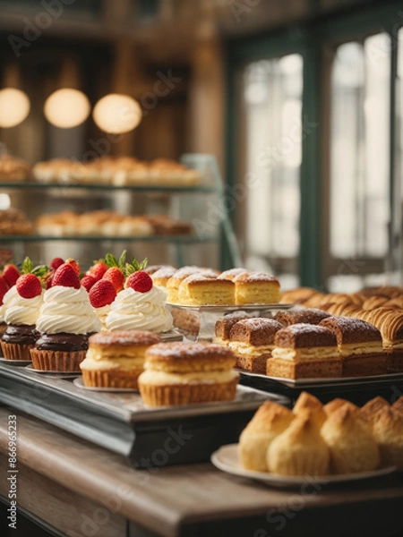Fototapeta French bakery shop, the showcase gleams with an array of delectable desserts and pastries. 