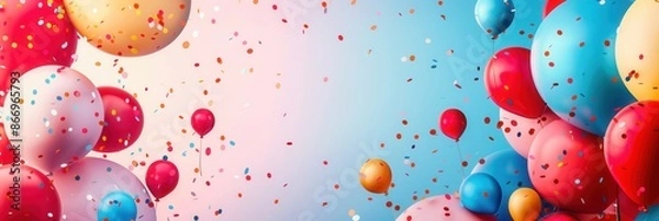 Fototapeta A joyful and festive image featuring colorful balloons and confetti, perfect for companies organizing parties and selling celebratory goods. Generative AI