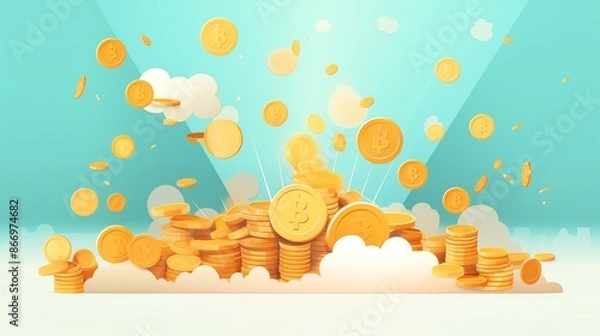 Fototapeta Digital Wealth: Pile of Bitcoins Rising from Cloud Layers