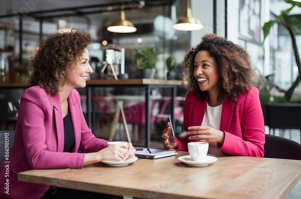 Obraz Two professional women in pink blazers having a lively discussion over coffee in a modern cafe
