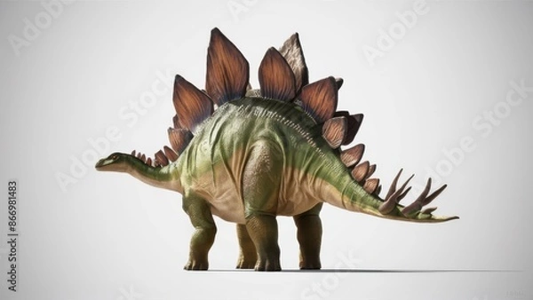Fototapeta A Stegosaurus dinosaur isolated on a white background, showcasing its distinctive bony plates and tail spikes