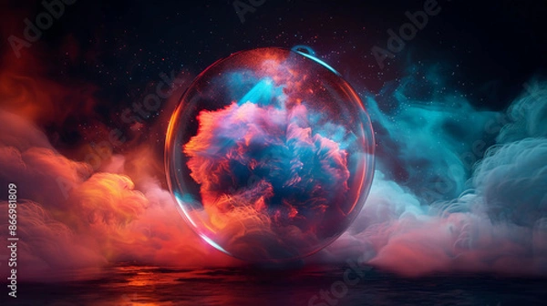 Fototapeta 3D Spectacular cosmic cloud explosion within transparent sphere with black background. Nebula and stars in space concept with purple neon. Abstract wallpaper and creative design, AI Generative.