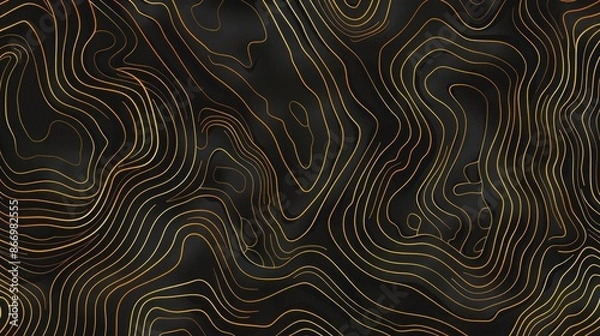 Fototapeta Topographic line map pattern background vector illustration with dark black and gold colors, topographical lines.