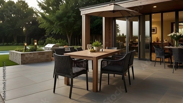 Fototapeta Describe a buffet exterior with a spacious patio for outdoor dining.
