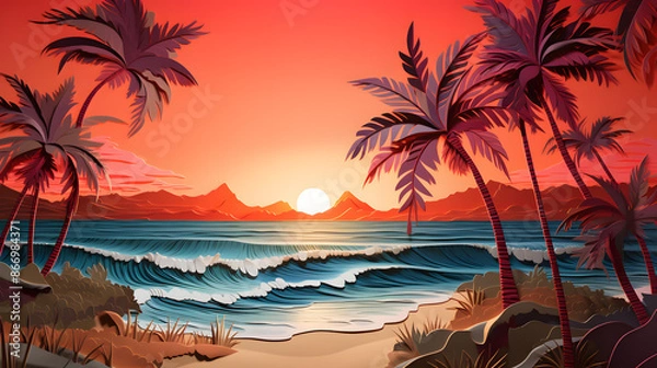 Fototapeta Paper art depicting a tranquil beach scene with palm trees and a serene atmosphere.