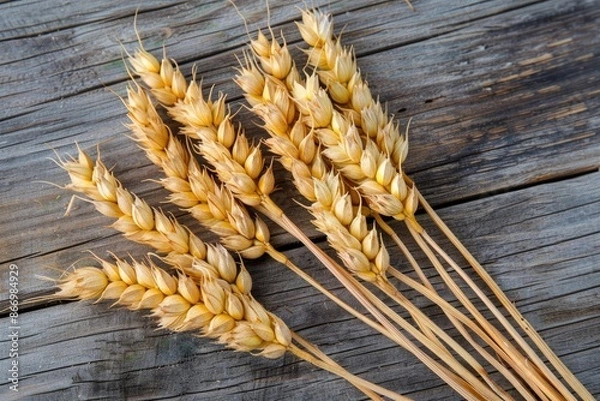 Fototapeta A bunch of wheat on a wooden table. The wheat is yellow and has brown tips