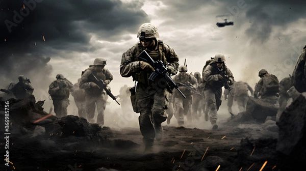 Fototapeta Soldiers in a fortified position repelling an enemy attack with defensive tactics and strategy.