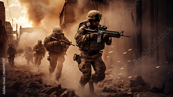 Fototapeta Soldiers in a fortified position repelling an enemy attack with defensive tactics and strategy.