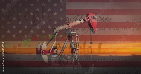 Fototapeta Image of flag of usa, constitution text over oil rig at sunset