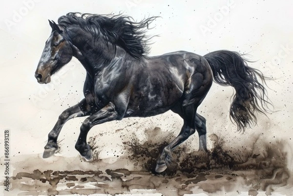 Fototapeta Powerful black horse is running through a dusty field, its mane and tail flowing in the wind