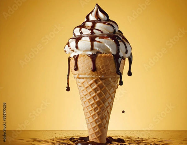 Fototapeta Ice cream cone with vanilla ice cream and chocolate sauce on yellow background.

