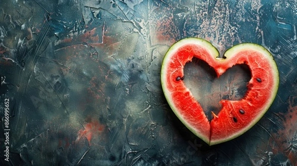 Fototapeta Watermelon with a heart shaped cut out on a dark background Ample space for text View from above