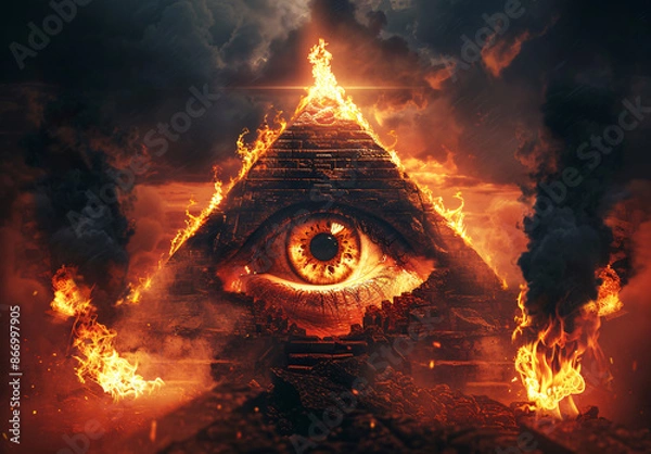 Obraz Eye of illuminati pyramid with fire torches, hyper realistic photography