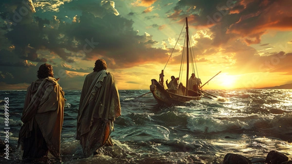 Obraz Jesus walking on water towards Peter's boat with disciples