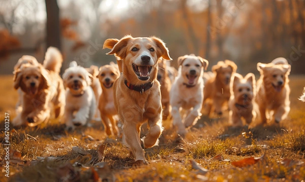 Fototapeta In autumn, a group of energetic little dogs run on the grass