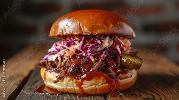 Fototapeta Pulled pork burger with coleslaw, barbecue sauce, and pickles, on a soft brioche bun
