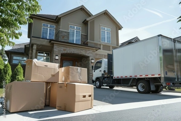 Fototapeta Professional movers transporting boxes and belongings into a new home, providing efficient and reliable moving services
