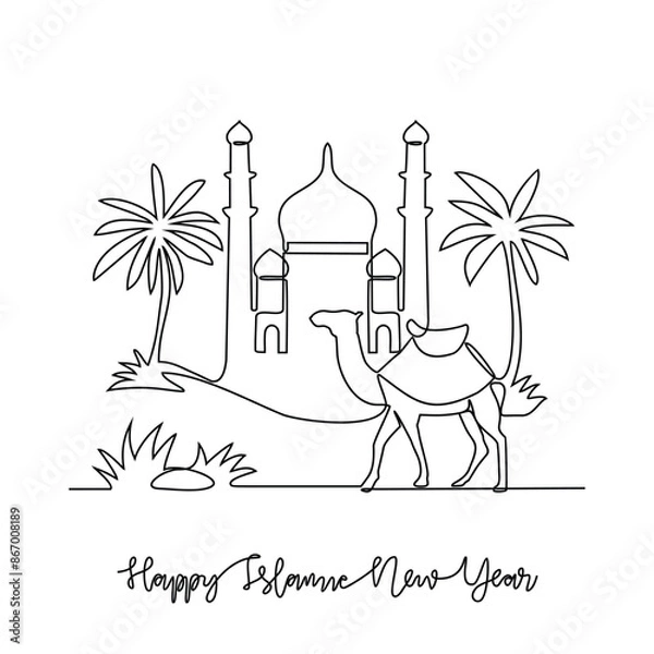 Fototapeta One continuous line drawing of Islamic New Year celebration vector illustration. Islamic religion themes design with simple linear vector concept. Islamic New Year mark the start of the Hijri calendar