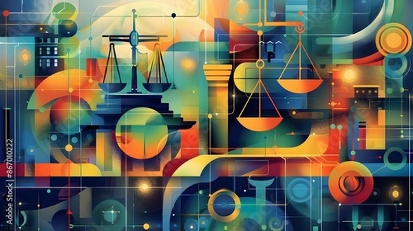 Fototapeta Legal concepts in a creative, flowing design: abstract symbols of scales and courthouse