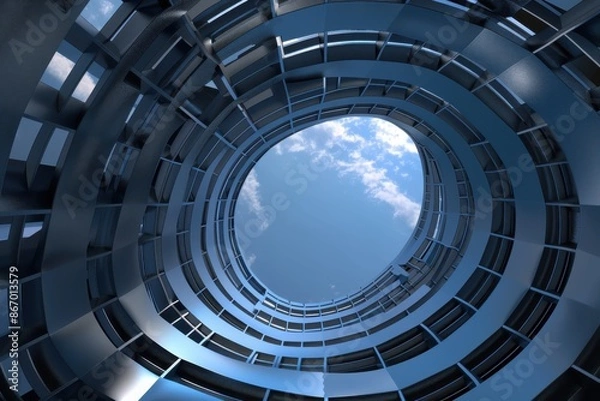 Fototapeta Futuristic Architecture. Modern building with circular design and open sky view. Perfect for concepts like innovation, technology, and the future.