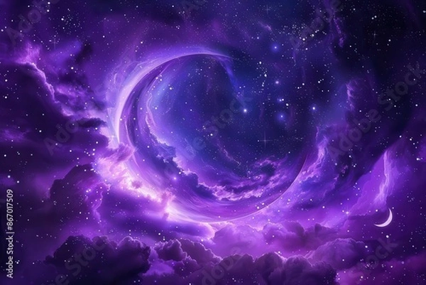 Fototapeta celestial night sky with swirling purple nebulae twinkling stars and crescent moon creating a dreamlike and magical mobile wallpaper