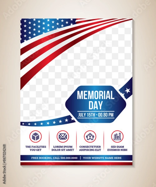 Obraz Memorial Day event flyer Template Design. vertical layout poster templates. Vector illustration with space for photo or image. USA flag with blue star frame.