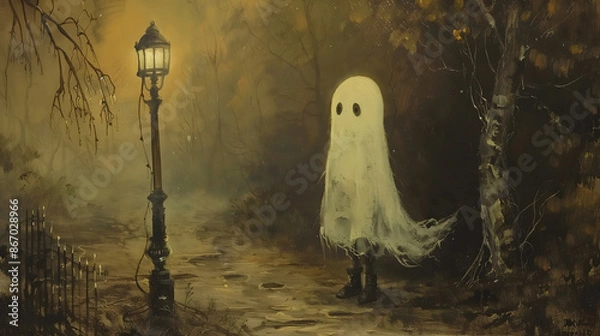 Fototapeta A cute ghost standing by a street lamp on Halloween night
