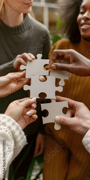 Fototapeta Grupo de mãos diversas segurando uma peça de quebra-cabeça cada