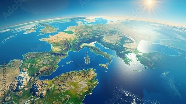 Fototapeta Digital world globe centered on America, illustrating global network and connectivity on Earth, data transfer, cyber technology, information exchange, and international telecommunication.